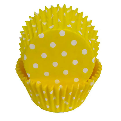 Yellow cupcake liners with white polka dots, stacked in a bundle, ideal for baking or party decoration.