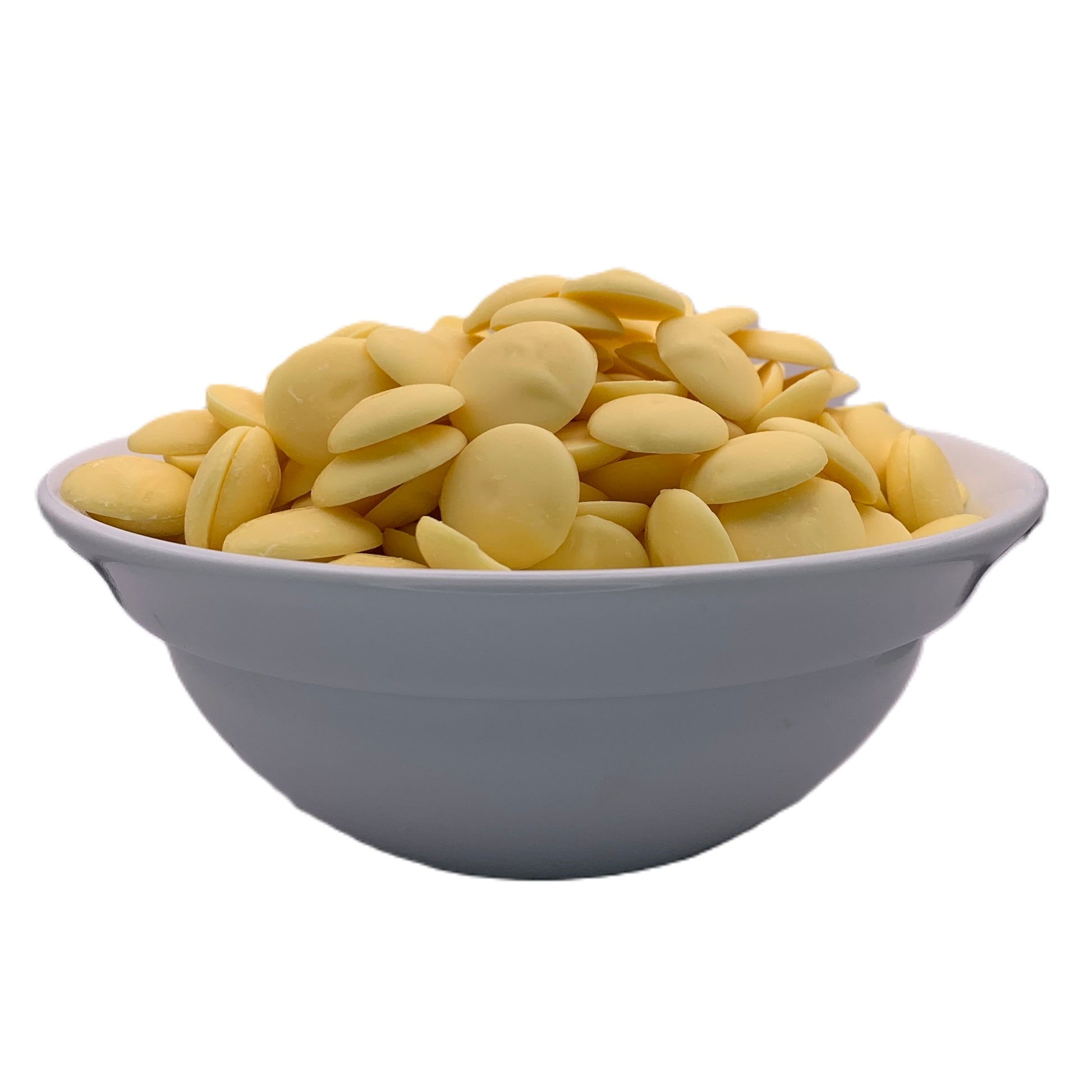 A bowl of Merckens yellow chocolate melting wafers displayed from a side angle, highlighting the soft pastel yellow shade ideal for spring-themed desserts or as a cheerful decoration for baked goods.