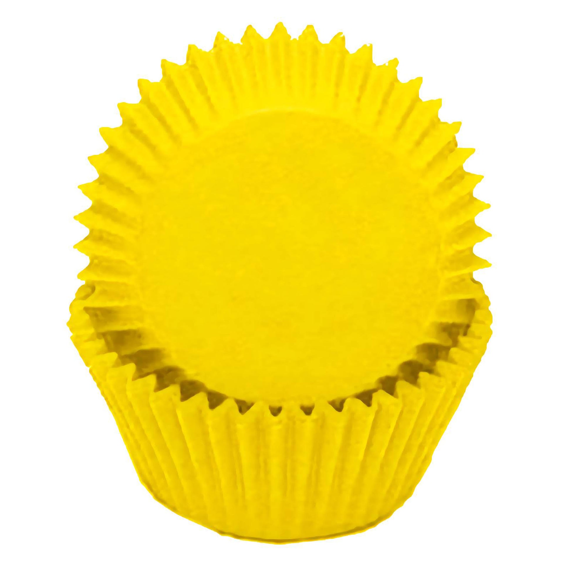 Yellow standard greaseproof cupcake liners in a stack, showcasing their bright, sunny yellow color, ideal for cheerful and summery dessert presentations.