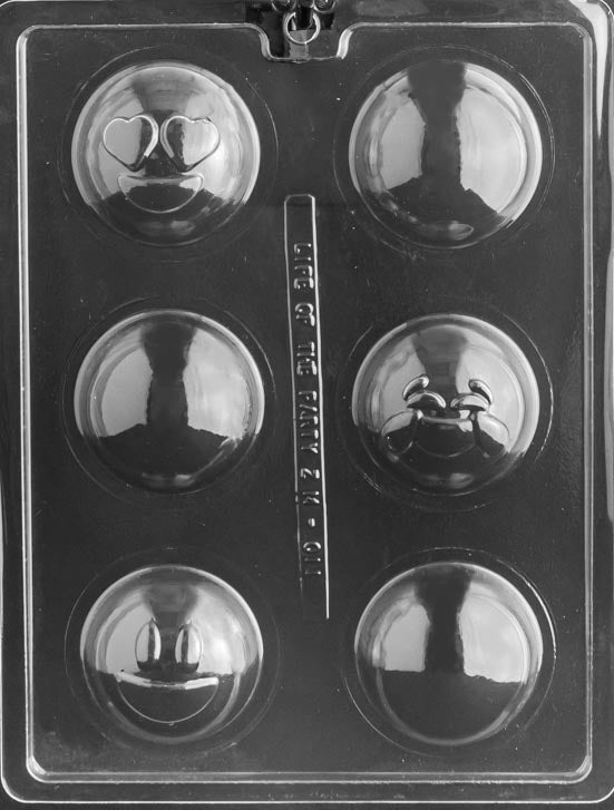 Emotion Symbol Bath or Hot Chocolate Bomb mold ZM011, spherical halves embossed with smiley-style faces; smooth domes.