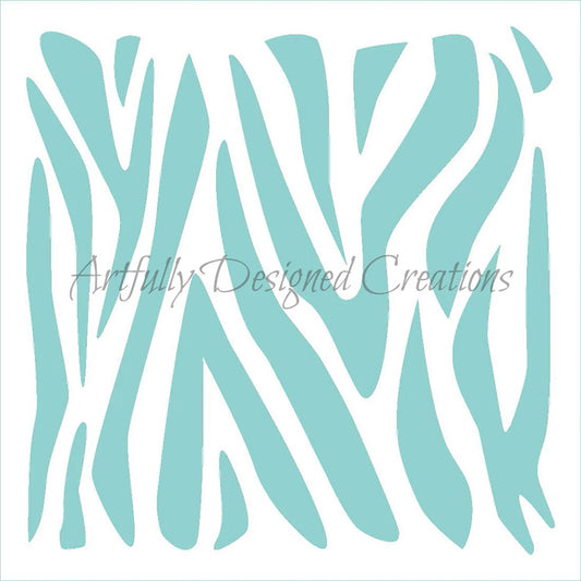 Square zebra stripe cookie stencil with teal cut-out zebra pattern lines across a white background, with “Artfully Designed Creations” watermark in gray across the center.
