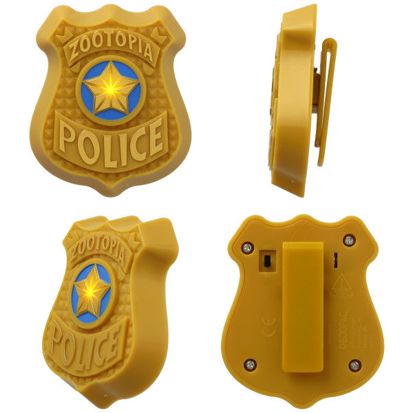 Close-up collage of the gold Zootopia Police light-up badge showing front details with blue star, side thickness, and back view with clip and battery switch.