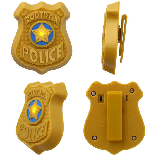 Close-up collage of the gold Zootopia Police light-up badge showing front details with blue star, side thickness, and back view with clip and battery switch.