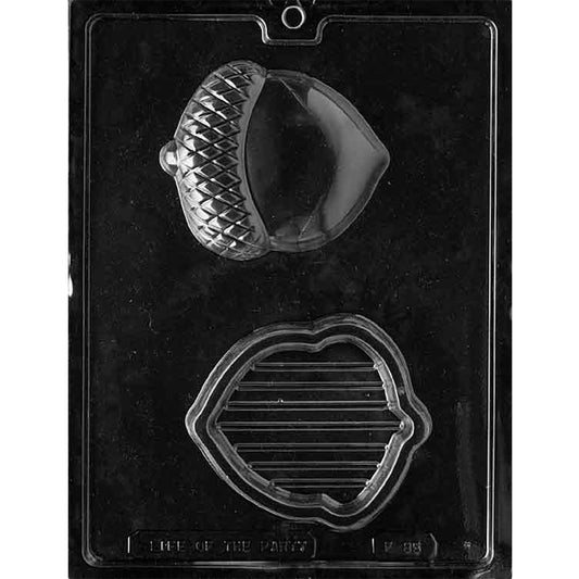 Clear plastic Acorn Pour Box Chocolate Mold with separate domed acorn lid and ridged base cavities