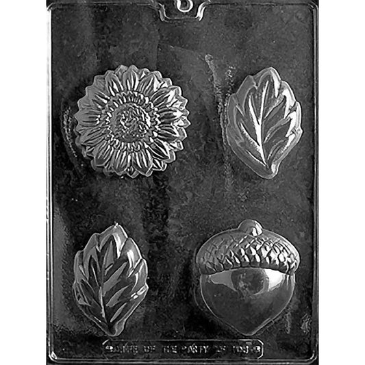 Acorn, sunflower, and leaf chocolate mold with four large autumn cavities featuring one sunflower, one acorn, and two veined leaves