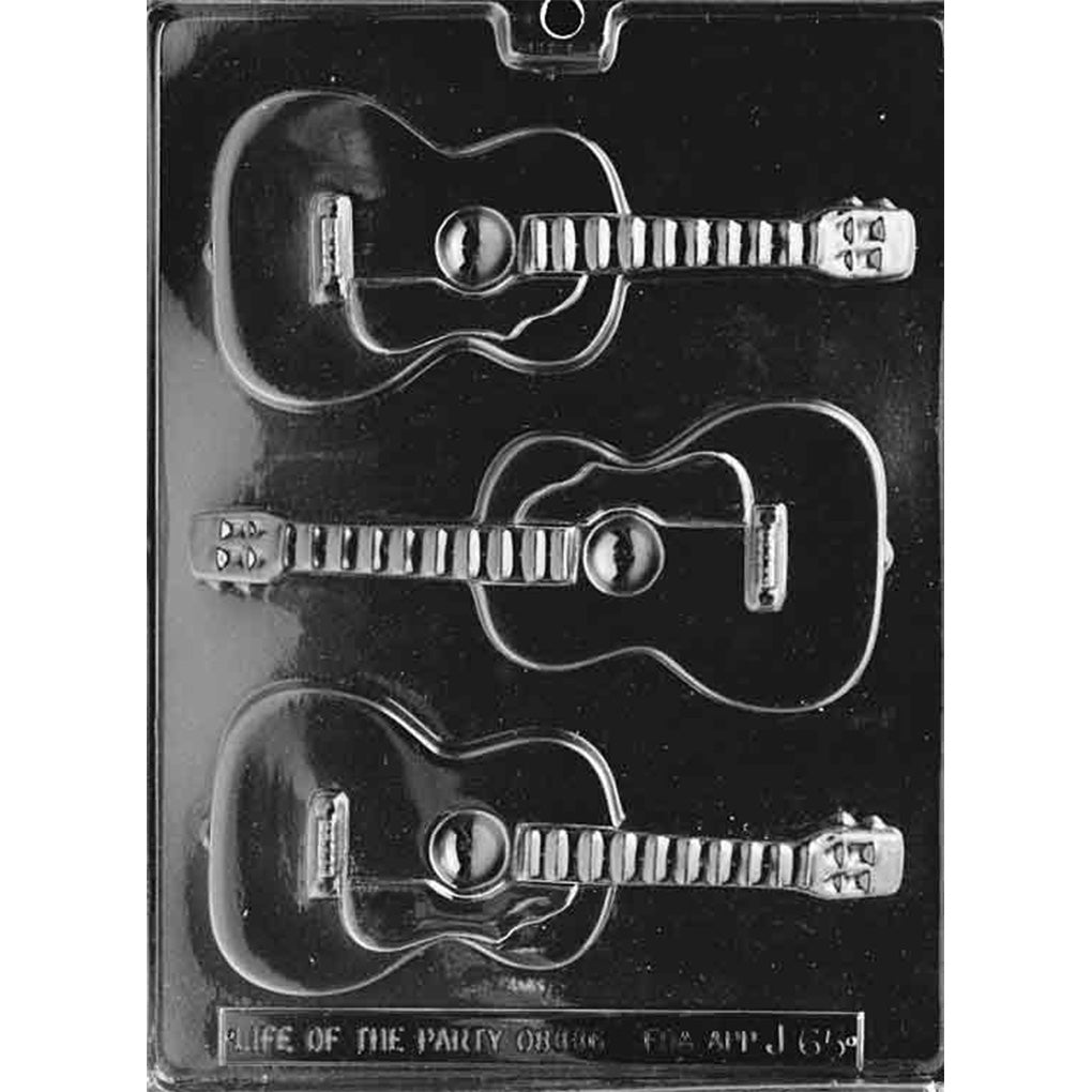Clear plastic Acoustic Guitar Chocolate Mold with three full guitar cavities featuring sound holes, bridges, fretted necks, and tuning pegs