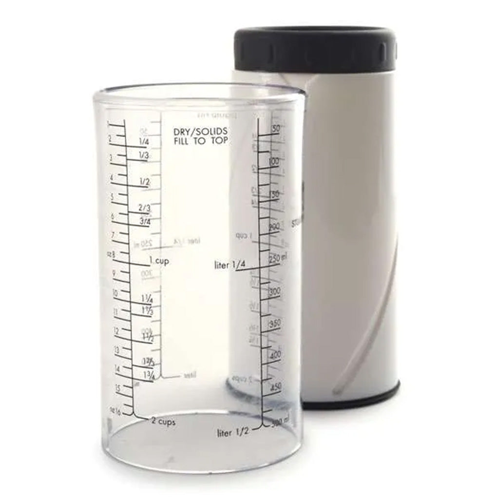 Clear 2-cup adjustable measuring cup with printed cup, ounce, liter, and milliliter markings shown beside the white push-up plunger.