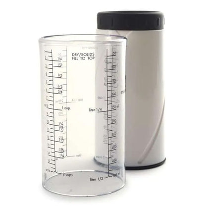 Clear 2-cup adjustable measuring cup with printed cup, ounce, liter, and milliliter markings shown beside the white push-up plunger.