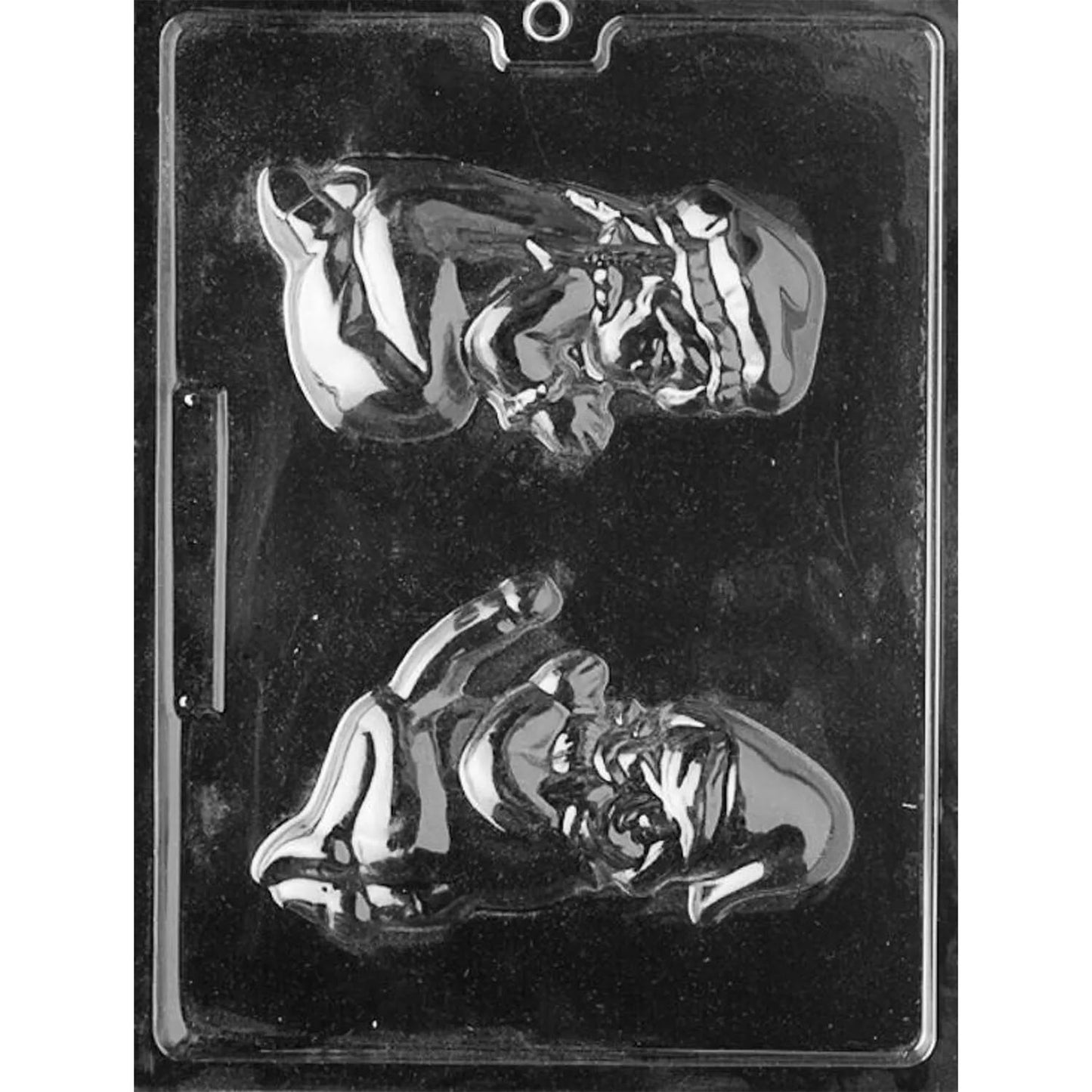 Clear plastic Adult Elves Chocolate Mold photographed against a black background, featuring two detailed cavities shaped as male and female elves in playful adult poses.