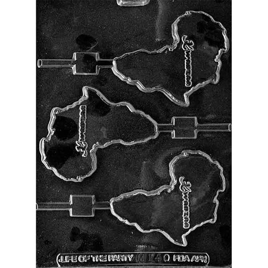 Clear plastic Kwanzaa chocolate lollipop mold with three African continent-shaped cavities, raised Kwanzaa lettering, and stick channels