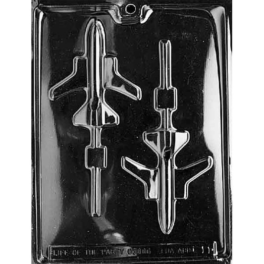 Clear plastic Airplane Chocolate Lollipop Mold with two passenger airplane cavities and built-in stick channels