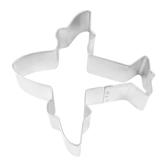 Tinplated steel airplane cookie cutter, measuring 4 inches wide.