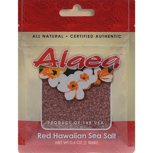 Alaea Red Hawaiian-Style Sea Salt pouch with red and tan packaging and a clear window showing red salt crystals inside.