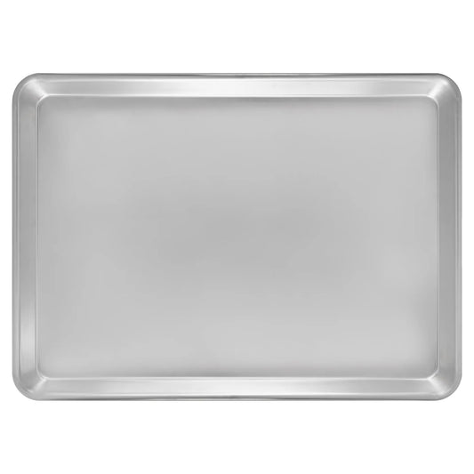 Top-down view of a Fat Daddio's aluminum quarter sheet pan with smooth interior and rounded corners