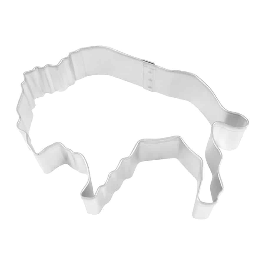 Top-down view of a buffalo-shaped metal cookie cutter with a detailed hump and curved horns.