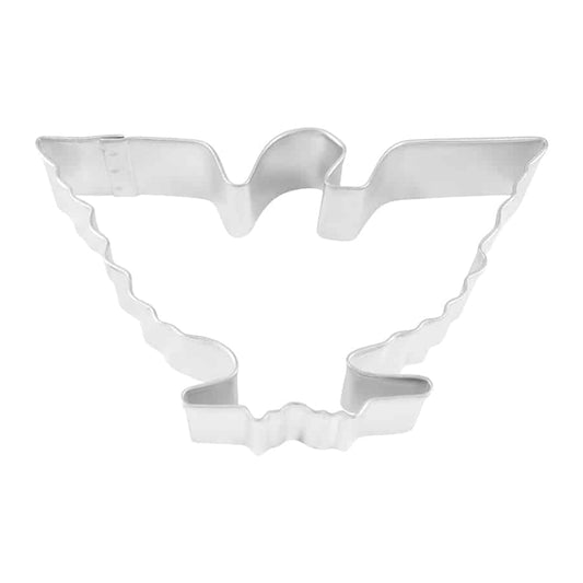 Top-down view of an American Eagle-shaped metal cookie cutter with detailed wings and feathered edges.