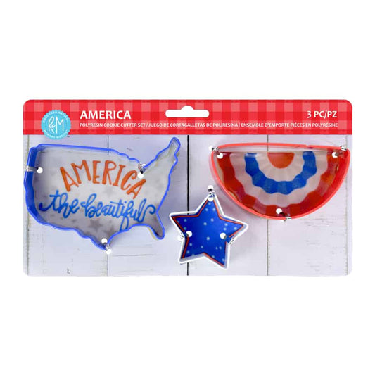 Patriotic American cookie cutter set in packaging, featuring a USA outline, star, and bunting shape.