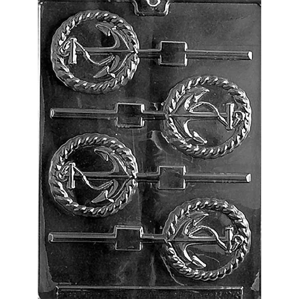 Clear four-cavity Anchor Chocolate Lollipop Mold with 2 1/2-inch round anchor designs, rope borders, and built-in stick channels