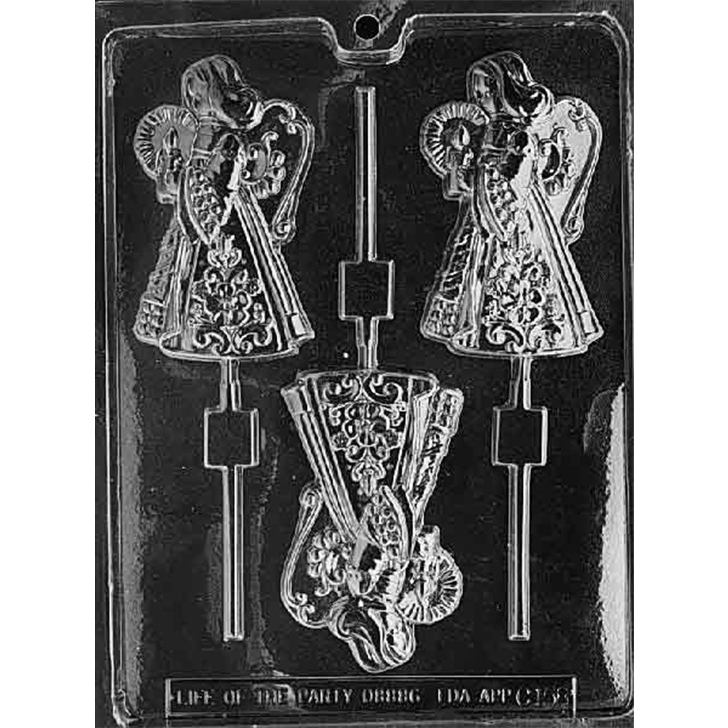 Three-cavity large angel holding a candle chocolate lollipop mold with detailed wings and floral gowns for 4 3/8-inch pops