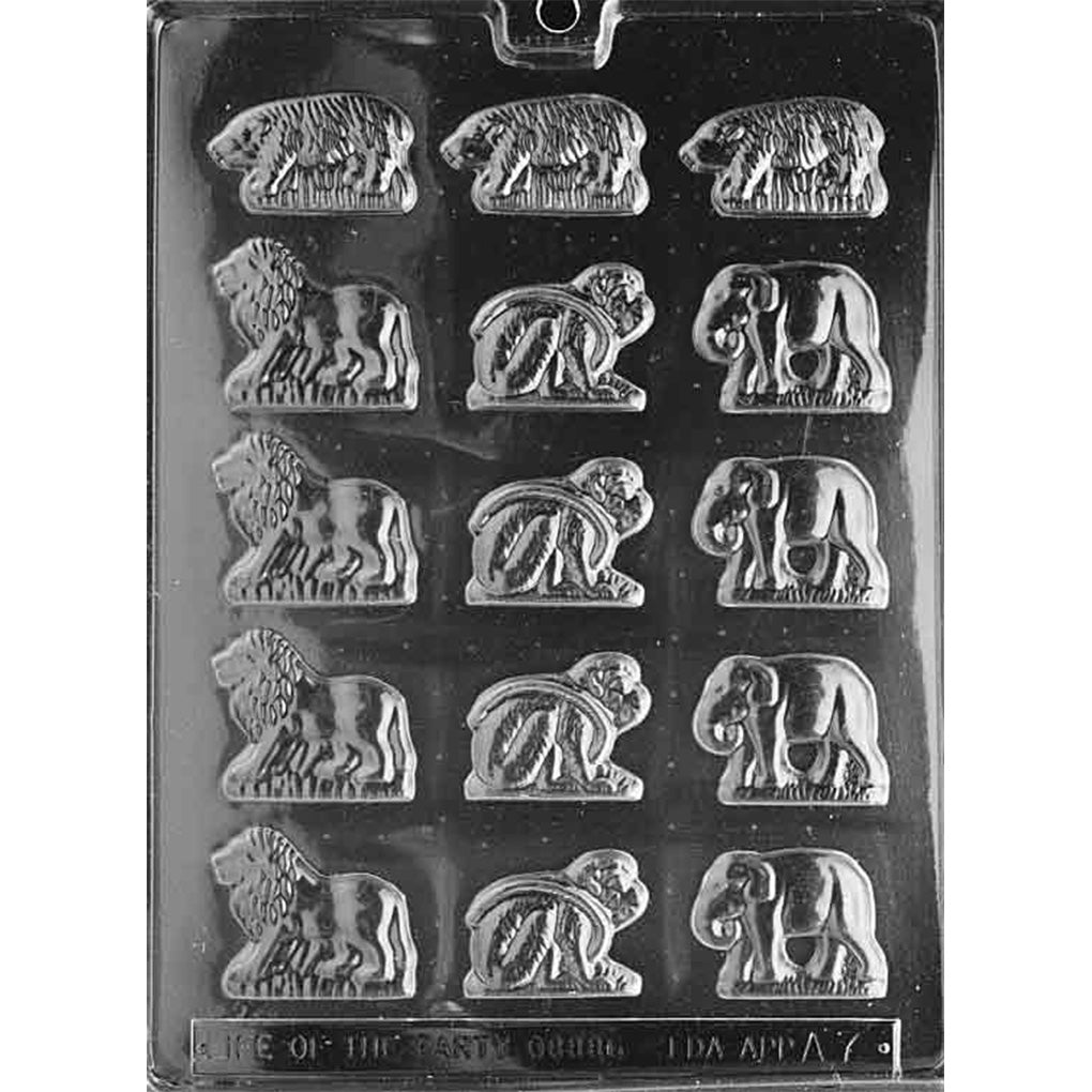 Animal crackers chocolate mold with 15 bite-sized bear, lion, monkey, and elephant cavities measuring approximately 1 1/4 x 1 3/4 inches each