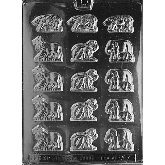 Animal crackers chocolate mold with 15 bite-sized bear, lion, monkey, and elephant cavities measuring approximately 1 1/4 x 1 3/4 inches each