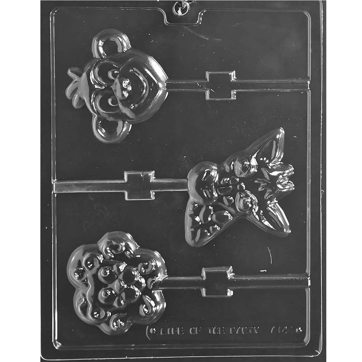 Clear Animal Faces Chocolate Lollipop Mold with 3 large cavities shaped like a monkey, lion, and giraffe face on a black background.