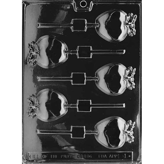 Clear chocolate lollipop mold with six apple-shaped cavities featuring rounded fruit shapes and leafy tops, arranged in alternating directions on a dark background.