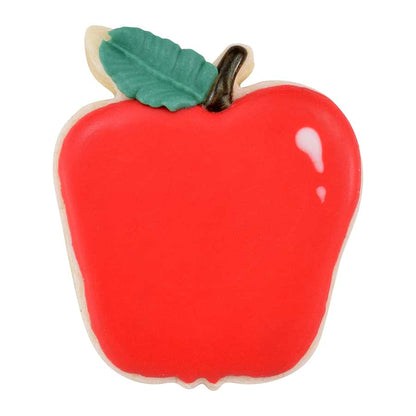 Red apple-shaped sugar cookie with a smooth icing finish, detailed with a green leaf and brown stem.
