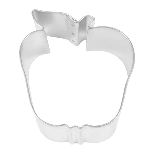 Apple-shaped cookie cutter made of silver-colored metal, viewed from the top showing the classic apple outline with a stem.