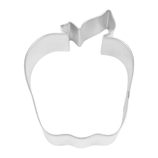 Apple-shaped cookie cutter made of tinplated steel, featuring a stem and leaf detail.