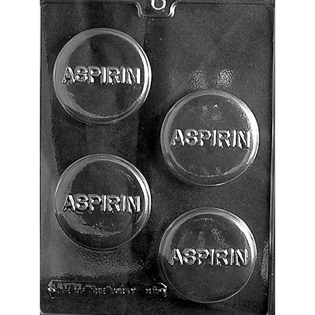 Clear Aspirin Chocolate Mold photographed against a black background with four oversized round tablet-shaped cavities featuring raised ASPIRIN lettering.