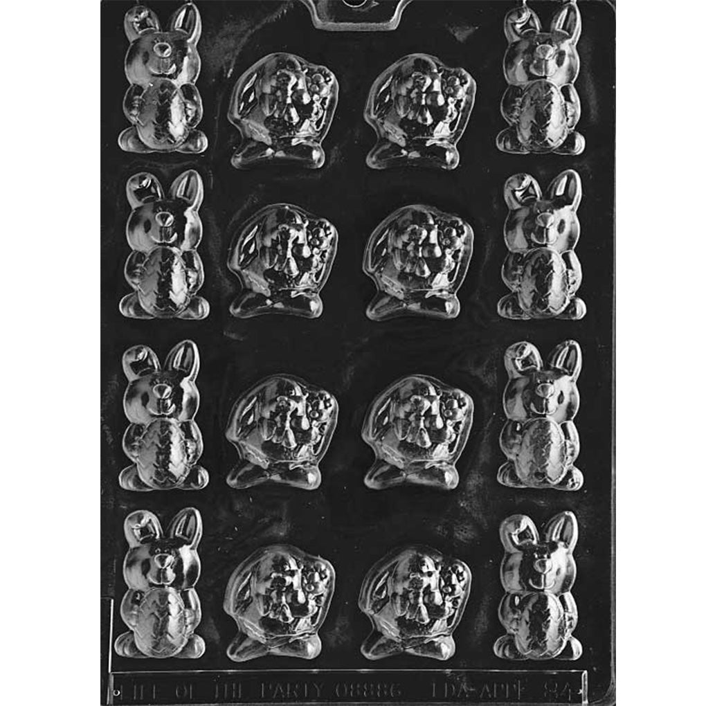 Clear plastic assorted bite-sized bunny chocolate mold with sixteen small cavities in a 4x4 layout, showing standing bunnies holding eggs and bow-tie bunnies holding flower bouquets.