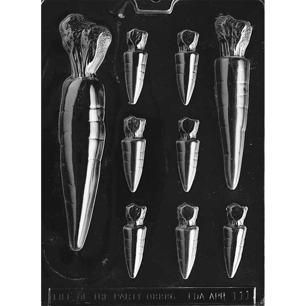 Clear plastic carrot assortment chocolate mold with eight carrot-shaped cavities in multiple sizes, including two large carrots and several smaller carrots with textured tops and tapered bodies.