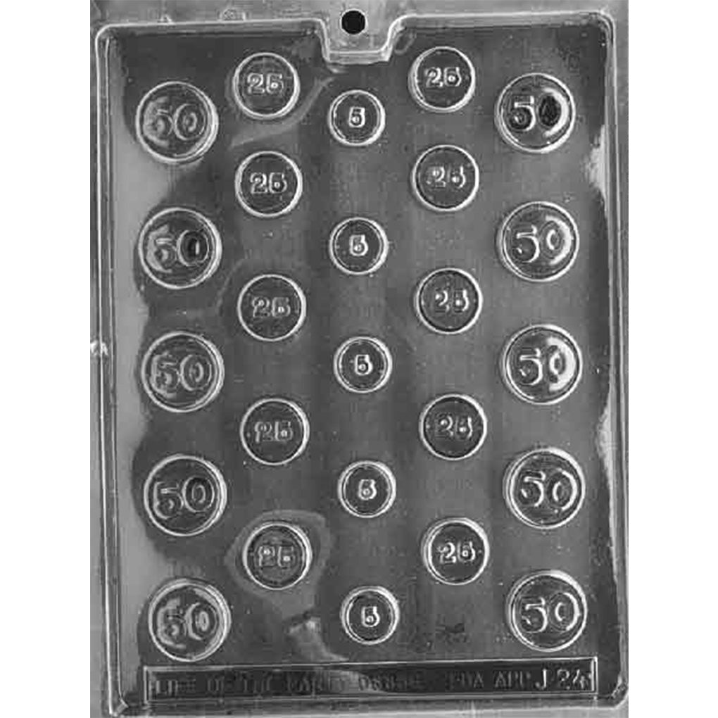 Clear plastic Coin Assortment Chocolate Mold with 25 round cavities in three sizes marked 5, 25, and 50