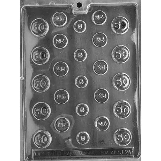 Clear plastic Coin Assortment Chocolate Mold with 25 round cavities in three sizes marked 5, 25, and 50