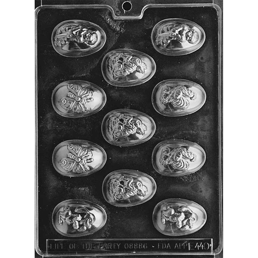 Assorted Easter Eggs chocolate mold with 11 egg cavities featuring rabbits, roosters, butterflies, puppies, and boys swinging golf clubs
