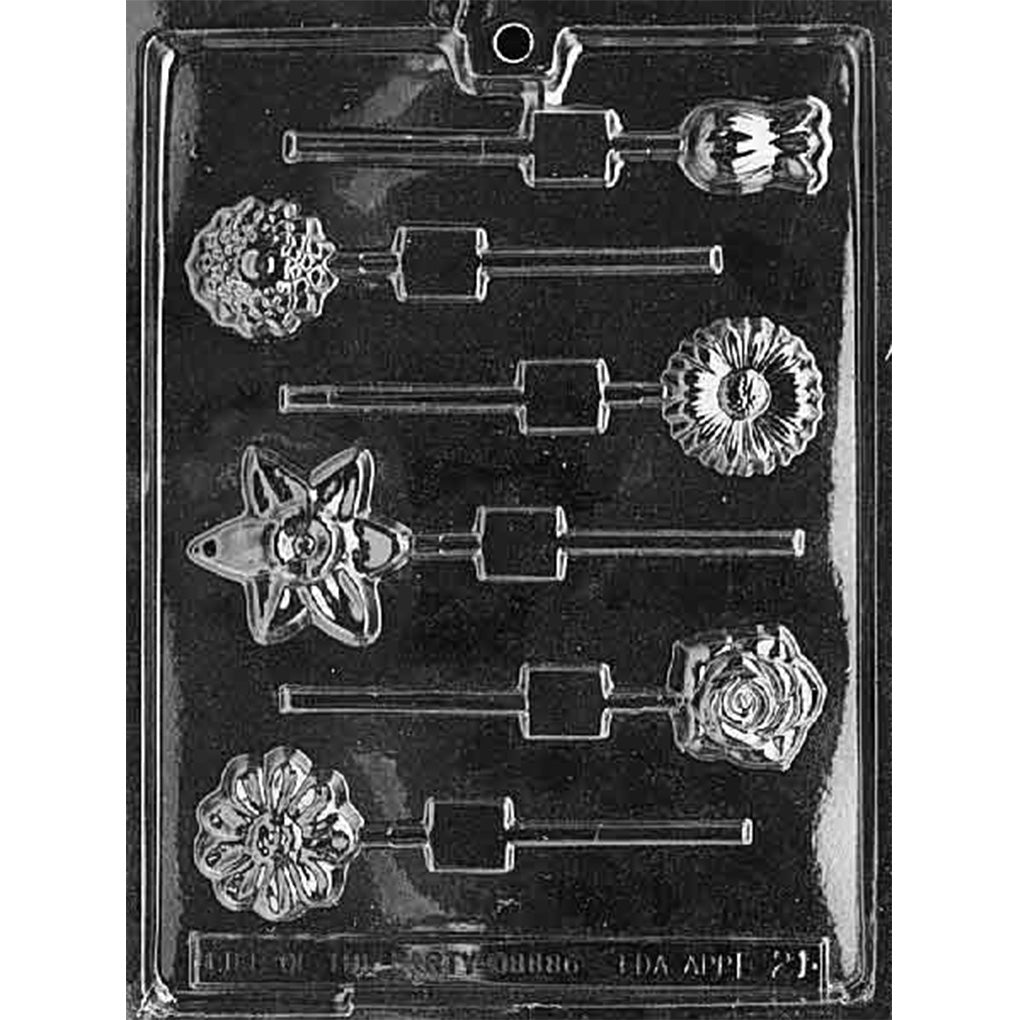 Clear Assorted Flowers Chocolate Lollipop Mold photographed against a black background with six different flower cavities and built-in stick channels