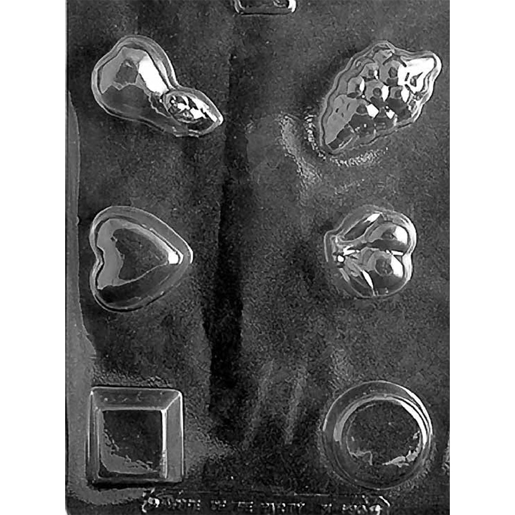 Assorted chocolate mold with six deep cavities shaped like a pear, grape cluster, cherry cluster, heart, square, and circle