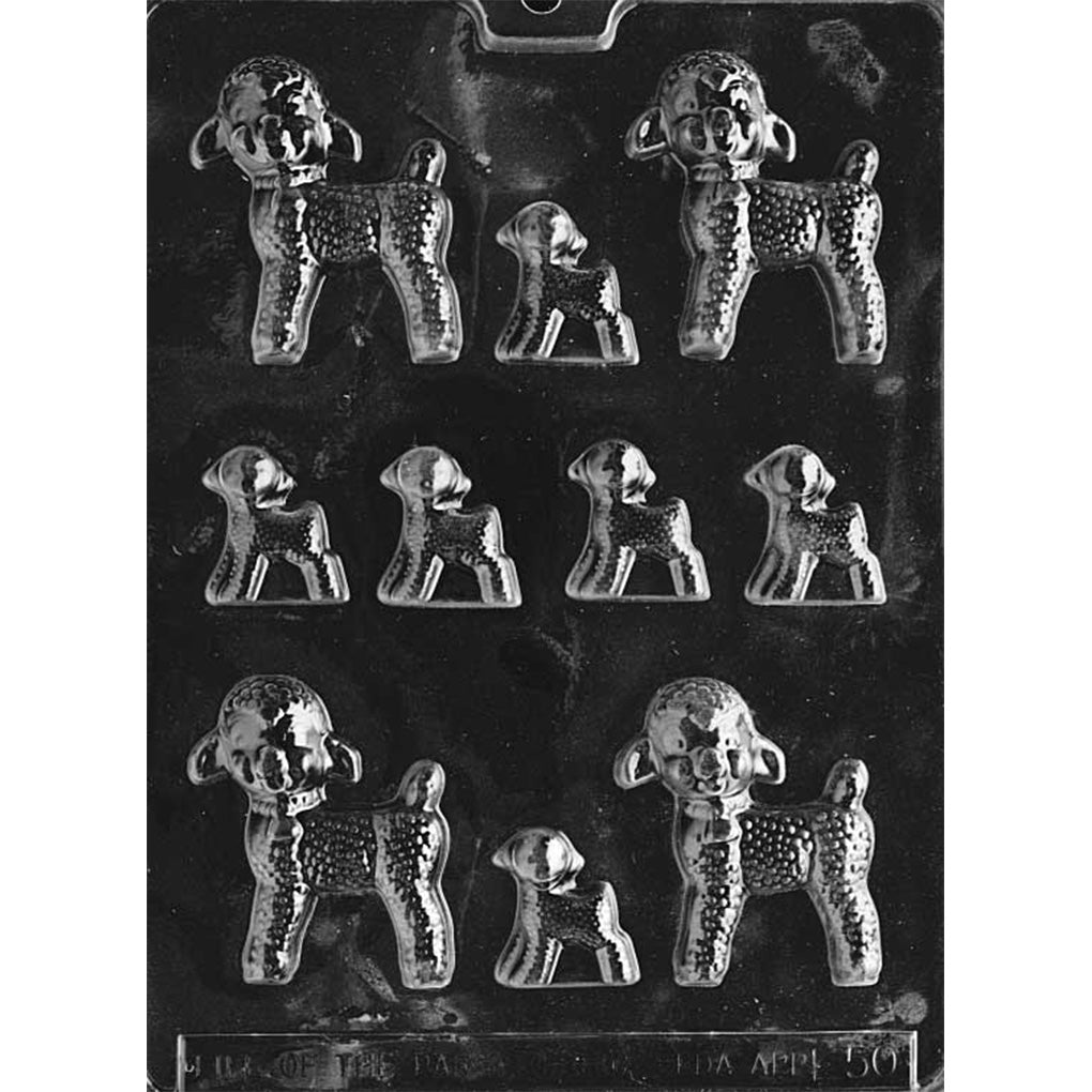 Clear plastic chocolate mold with assorted lamb cavities in two sizes, featuring raised wool texture on the bodies and small lamb shapes arranged in rows on a dark background.