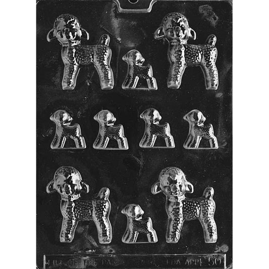 Clear plastic chocolate mold with assorted lamb cavities in two sizes, featuring raised wool texture on the bodies and small lamb shapes arranged in rows on a dark background.