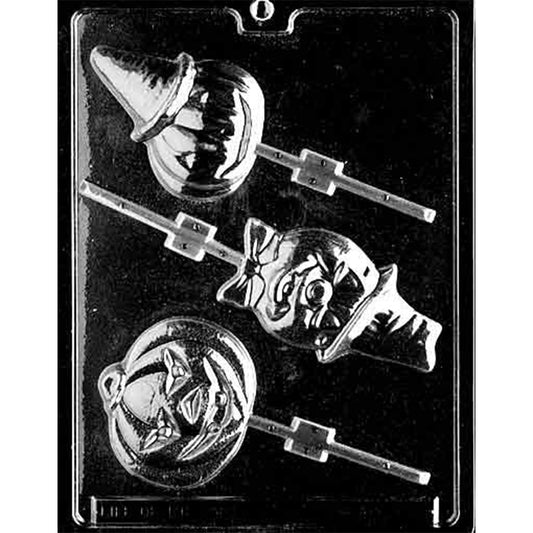 Clear Assorted Pumpkin Chocolate Lollipop Mold photographed against a black background with 3 different Halloween pumpkin character cavities and built-in stick channels.