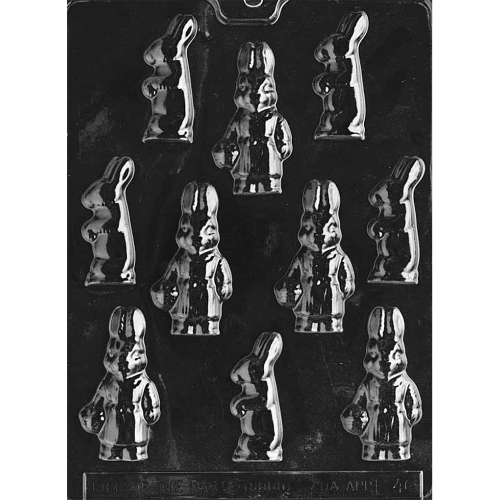 Clear plastic chocolate mold with assorted standing bunny cavities in different poses, including side-profile rabbits and front-facing bunnies with upright ears, on a dark background.