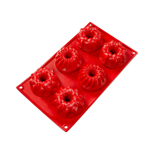 Fat Daddio's Silicone 3.38 Oz Baking Regal Variety Mold with six mini bundt-style cavities in three unique designs. Made from red food-grade silicone, flexible, non-stick, and temperature-safe from -40°F to 550°F.
