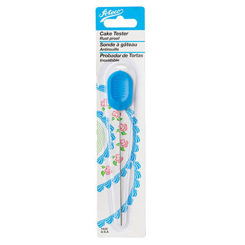 Ateco cake tester in retail packaging with a bright blue handle and thin metal wire, photographed on a white background.