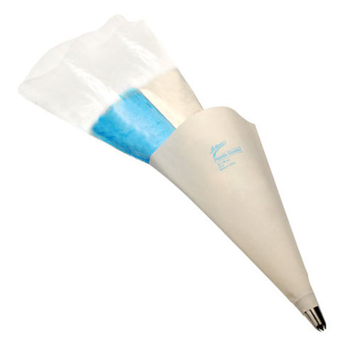 White 18-inch striper insert bag partially filled with blue frosting, placed inside a larger piping bag with a metal decorating tip on a white background.