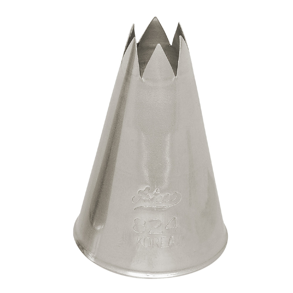 Ateco Pastry Tip Star #824, a stainless steel decorating tip with a star-shaped opening for precise and detailed star designs on baked goods.