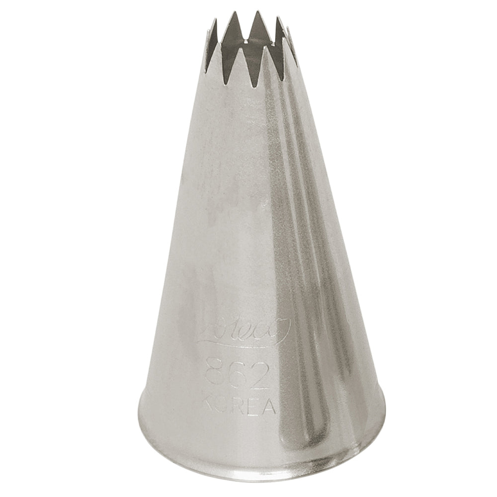 Ateco French Star Tip #862, stainless steel piping tip with a 0.33-inch opening for creating medium-sized decorative designs on baked goods.