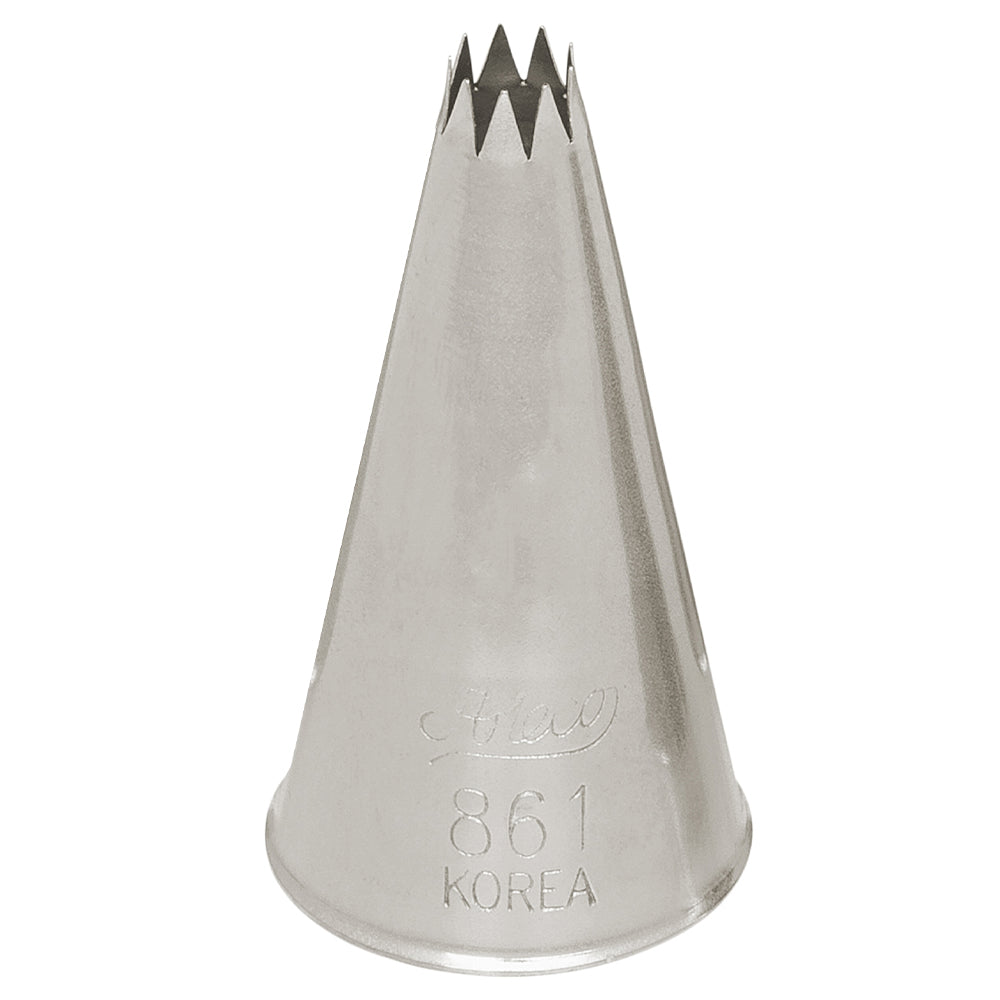  Ateco Piping Tip #861, a closed star tip with a 0.27-inch opening, designed for creating sharp, detailed ridges in rosettes, swirls, and borders on cakes and cupcakes.