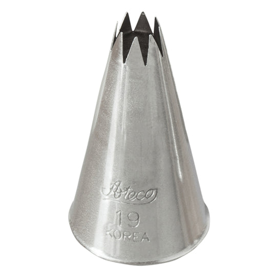 A stainless steel Ateco Pastry Tube Small Star #19 with a 0.19-inch star-shaped opening, designed for creating detailed star patterns on cakes and pastries. The tube is sturdy and engraved with the "Ateco" logo and size number 19.