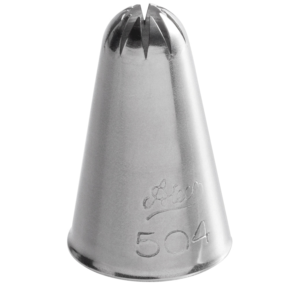  Ateco #504 Closed Star piping tip with a 0.28" opening, perfect for creating shells, stars, rosettes, and flowers. Durable stainless steel construction with left-handed friendly design.